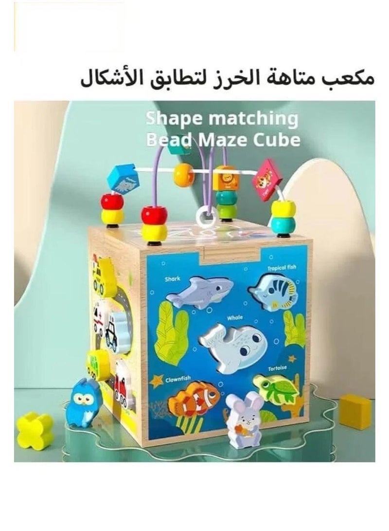Wooden Montessori Activity Cube with Shape Sorting & Bead Maze – Educational Toy for Kids (36+ Months) Eid Gift - Image 3